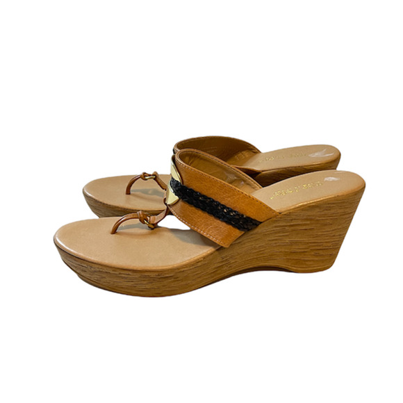 Mila Paoli Shoes - Mila Paoli Leather Wedge Sandals Tan and Black Size 7.5